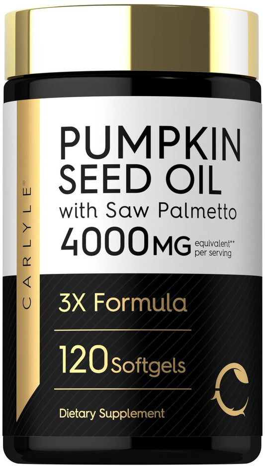 Carlyle Kürbiskernöl mit Sägepalme 4000 mg | 120 Softgel-Kapseln | für Männer & Frauen | 3-fach-Formel mit Biotin | Nicht-GVO, glutenfreies Nahrungsergänzungsmittel