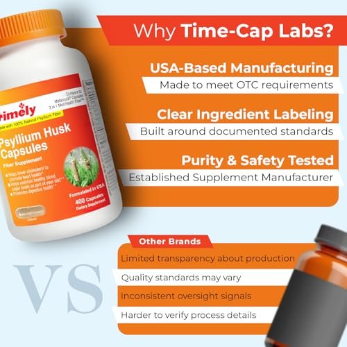 TIME-Cap Labs 400 Kapseln Flohsamenschalen-Fasern - Glutenfrei, Lösliche Ballaststoffe für Erwachsene zur Unterstützung der Verdauungsregelmäßigkeit, Sanfte tägliche Ballaststoffversorgung für Männer und Frauen