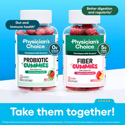 Physician's CHOICE Probiotische Gummibärchen mit Vitamin D & Präbiotischer Ballaststoff – Zuckerfrei – 1 Mrd. KBE klinisch geprüfte Probiotika – Unterstützt Immun- und Darmgesundheit für Frauen und Männer – Wassermelonengeschmack – 90 Stück