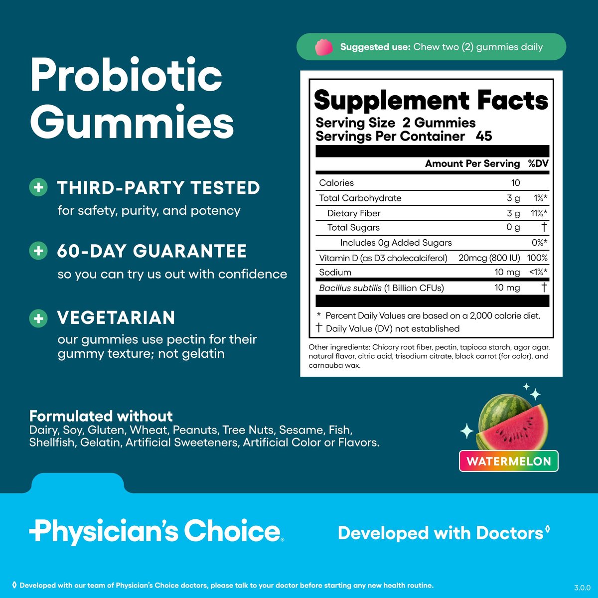 Physician's CHOICE Probiotische Gummibärchen mit Vitamin D & Präbiotischer Ballaststoff – Zuckerfrei – 1 Milliarde KBE klinisch geprüfter Probiotika – Unterstützt Immun- & Darmgesundheit für Frauen & Männer – Wassermelonen Geschmack – 60 Stück