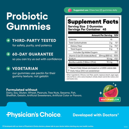 Physician's CHOICE Probiotische Gummibärchen mit Vitamin D & Präbiotischer Ballaststoff – Zuckerfrei – 1 Milliarde KBE klinisch geprüfter Probiotika – Unterstützt Immun- & Darmgesundheit für Frauen & Männer – Wassermelonen Geschmack – 60 Stück