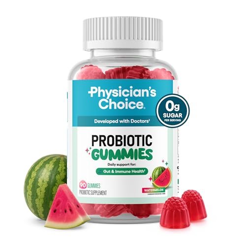 Physician's CHOICE Probiotische Gummibärchen mit Vitamin D & Präbiotischer Ballaststoff – Zuckerfrei – 1 Mrd. KBE klinisch geprüfte Probiotika – Unterstützt Immun- und Darmgesundheit für Frauen und Männer – Wassermelonengeschmack – 90 Stück