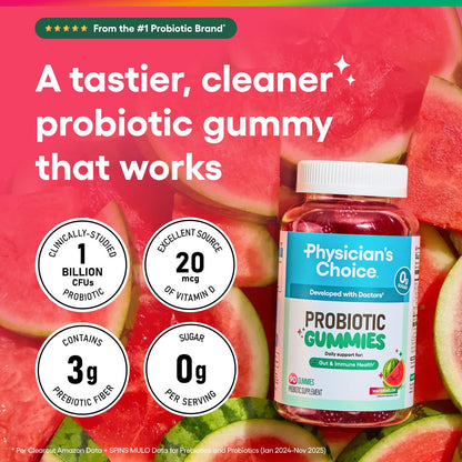 Physician's CHOICE Probiotische Gummibärchen mit Vitamin D & Präbiotischer Ballaststoff – Zuckerfrei – 1 Mrd. KBE klinisch geprüfte Probiotika – Unterstützt Immun- und Darmgesundheit für Frauen und Männer – Wassermelonengeschmack – 90 Stück