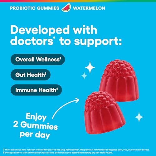 Physician's CHOICE Probiotische Gummibärchen mit Vitamin D & Präbiotischer Ballaststoff – Zuckerfrei – 1 Mrd. KBE klinisch geprüfte Probiotika – Unterstützt Immun- und Darmgesundheit für Frauen und Männer – Wassermelonengeschmack – 90 Stück