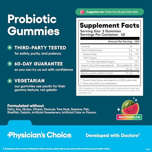 Physician's CHOICE Probiotische Gummibärchen mit Vitamin D & Präbiotischer Ballaststoff – Zuckerfrei – 1 Mrd. KBE klinisch geprüfte Probiotika – Unterstützt Immun- und Darmgesundheit für Frauen und Männer – Wassermelonengeschmack – 90 Stück