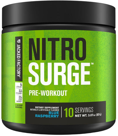 Jacked Factory NITROSURGE Pre-Workout Booster - Endlose Energie, sofortige Kraftsteigerung, klarer Fokus, intensive Pump - mit Beta-Alanin - 10 Portionen, Blaue Himbeere