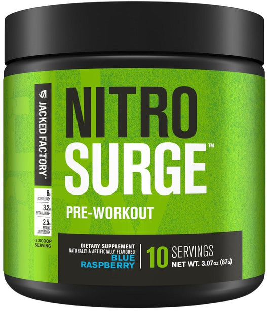 Jacked Factory NITROSURGE Pre-Workout Booster - Endlose Energie, sofortige Kraftsteigerung, klarer Fokus, intensive Pump - mit Beta-Alanin - 10 Portionen, Blaue Himbeere