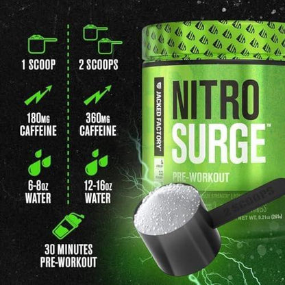 Jacked Factory NITROSURGE Pre-Workout Booster - Endlose Energie, sofortige Kraftsteigerung, klarer Fokus, intensive Pump - mit Beta-Alanin - 10 Portionen, Blaue Himbeere