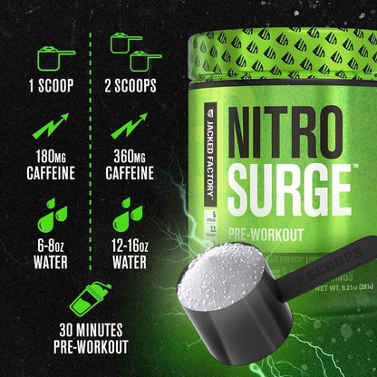 Jacked Factory NITROSURGE Pre-Workout Booster - Endlose Energie, sofortige Kraftsteigerung, klarer Fokus, intensive Pump - mit Beta-Alanin - 10 Portionen, Blaue Himbeere