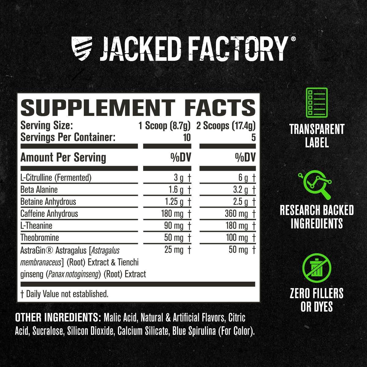 Jacked Factory NITROSURGE Pre-Workout Booster - Endlose Energie, sofortige Kraftsteigerung, klarer Fokus, intensive Pump - mit Beta-Alanin - 10 Portionen, Blaue Himbeere