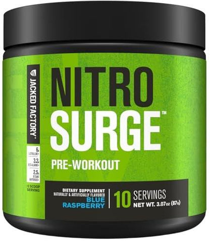Jacked Factory NITROSURGE Pre-Workout Booster - Endlose Energie, sofortige Kraftsteigerung, klarer Fokus, intensive Pump - mit Beta-Alanin - 10 Portionen, Blaue Himbeere