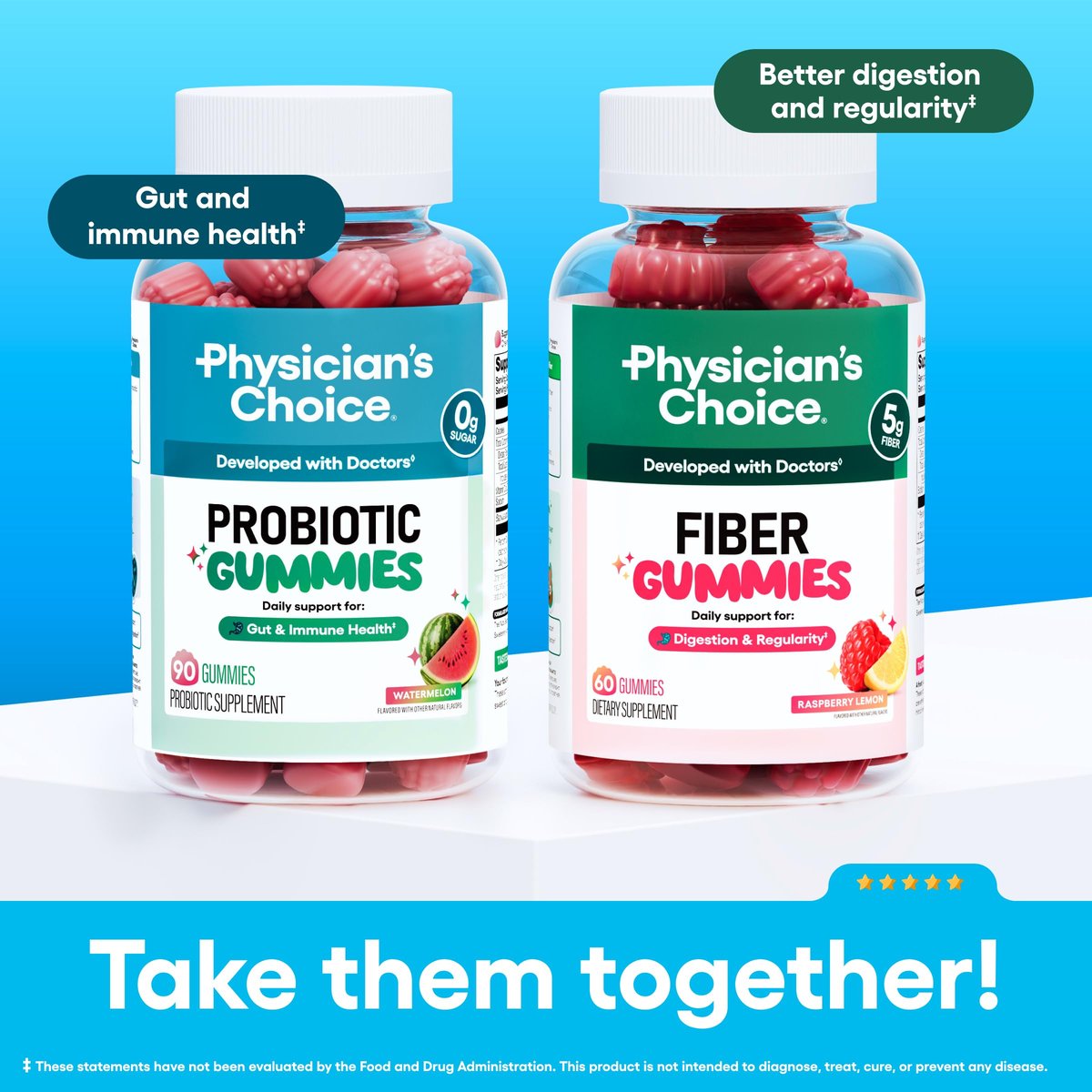 Physician's CHOICE Probiotische Gummibärchen mit Vitamin D & Präbiotischer Ballaststoff – Zuckerfrei – 1 Milliarde KBE klinisch geprüfter Probiotika – Unterstützt Immun- & Darmgesundheit für Frauen & Männer – Wassermelonen Geschmack – 60 Stück