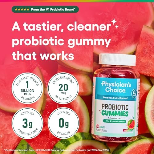Physician's CHOICE Probiotische Gummibärchen mit Vitamin D & Präbiotischer Ballaststoff – Zuckerfrei – 1 Milliarde KBE klinisch geprüfter Probiotika – Unterstützt Immun- & Darmgesundheit für Frauen & Männer – Wassermelonen Geschmack – 60 Stück