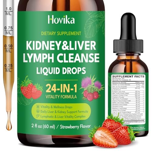 24-in-1 Nieren- & Leber-, Lymphreinigung & Reparatur-Tropfen, Drei-Immun-Formel mit Cranberry, Mariendistel, vegan für Harnwege & Lymphdrainage & Leberreparatur | Erdbeergeschmack, 60 ml