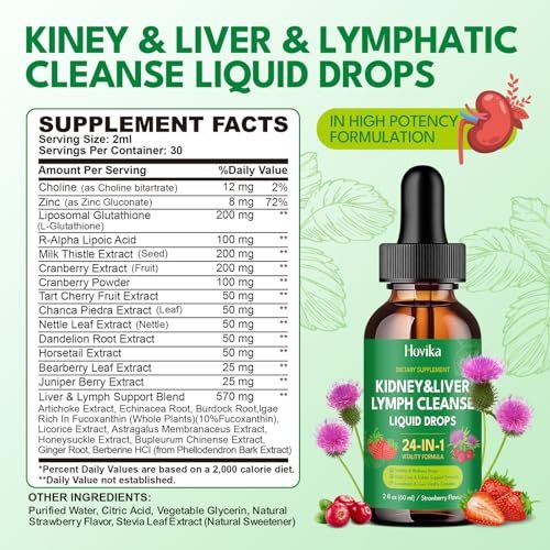 24-in-1 Nieren- & Leber-, Lymphreinigung & Reparatur-Tropfen, Drei-Immun-Formel mit Cranberry, Mariendistel, vegan für Harnwege & Lymphdrainage & Leberreparatur | Erdbeergeschmack, 60 ml