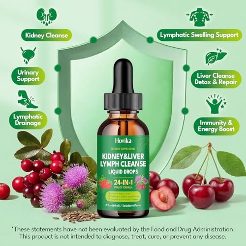 24-in-1 Nieren- & Leber-, Lymphreinigung & Reparatur-Tropfen, Drei-Immun-Formel mit Cranberry, Mariendistel, vegan für Harnwege & Lymphdrainage & Leberreparatur | Erdbeergeschmack, 60 ml