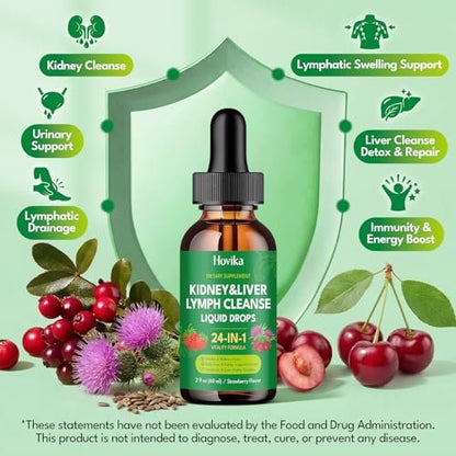 24-in-1 Nieren- & Leber-, Lymphreinigung & Reparatur-Tropfen, Drei-Immun-Formel mit Cranberry, Mariendistel, vegan für Harnwege & Lymphdrainage & Leberreparatur | Erdbeergeschmack, 60 ml
