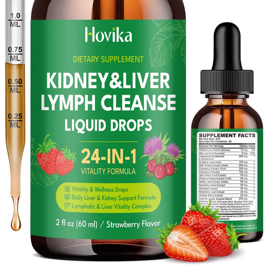 24-in-1 Nieren- & Leber-, Lymphreinigung & Reparatur-Tropfen, Drei-Immun-Formel mit Cranberry, Mariendistel, vegan für Harnwege & Lymphdrainage & Leberreparatur | Erdbeergeschmack, 60 ml