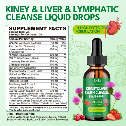 24-in-1 Nieren- & Leber-, Lymphreinigung & Reparatur-Tropfen, Drei-Immun-Formel mit Cranberry, Mariendistel, vegan für Harnwege & Lymphdrainage & Leberreparatur | Erdbeergeschmack, 60 ml