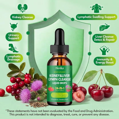 24-in-1 Nieren- & Leber-, Lymphreinigung & Reparatur-Tropfen, Drei-Immun-Formel mit Cranberry, Mariendistel, vegan für Harnwege & Lymphdrainage & Leberreparatur | Erdbeergeschmack, 60 ml