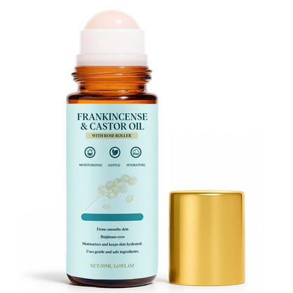 EHAUTO Weihrauch & Rizinusöl Rosenroller – Kaltgepresstes Rizinusöl Roll-On mit entfernbarer Rose | Strafft und glättet die Haut, geeignet für Gesicht, Hals, Bauch, 50 ml/1,7 oz (1)
