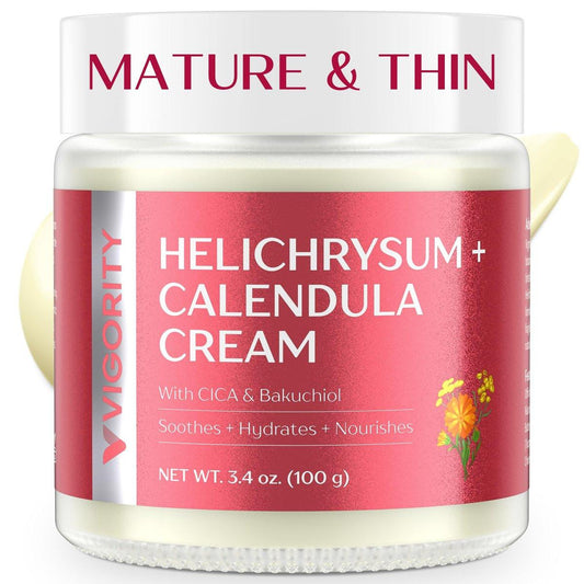 Vigority Calendula Creme: Beruhigende Pflege für reife, dünne & empfindliche Haut mit Helichrysum, Bakuchiol & CICA – Feuchtigkeitsspendend, nährend & stärkend für die Hautbarriere – Nicht fettend, duftstofffrei, 100 ml