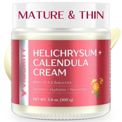 Vigority Calendula Creme: Beruhigende Pflege für reife, dünne & empfindliche Haut mit Helichrysum, Bakuchiol & CICA – Feuchtigkeitsspendend, nährend & stärkend für die Hautbarriere – Nicht fettend, duftstofffrei, 100 ml