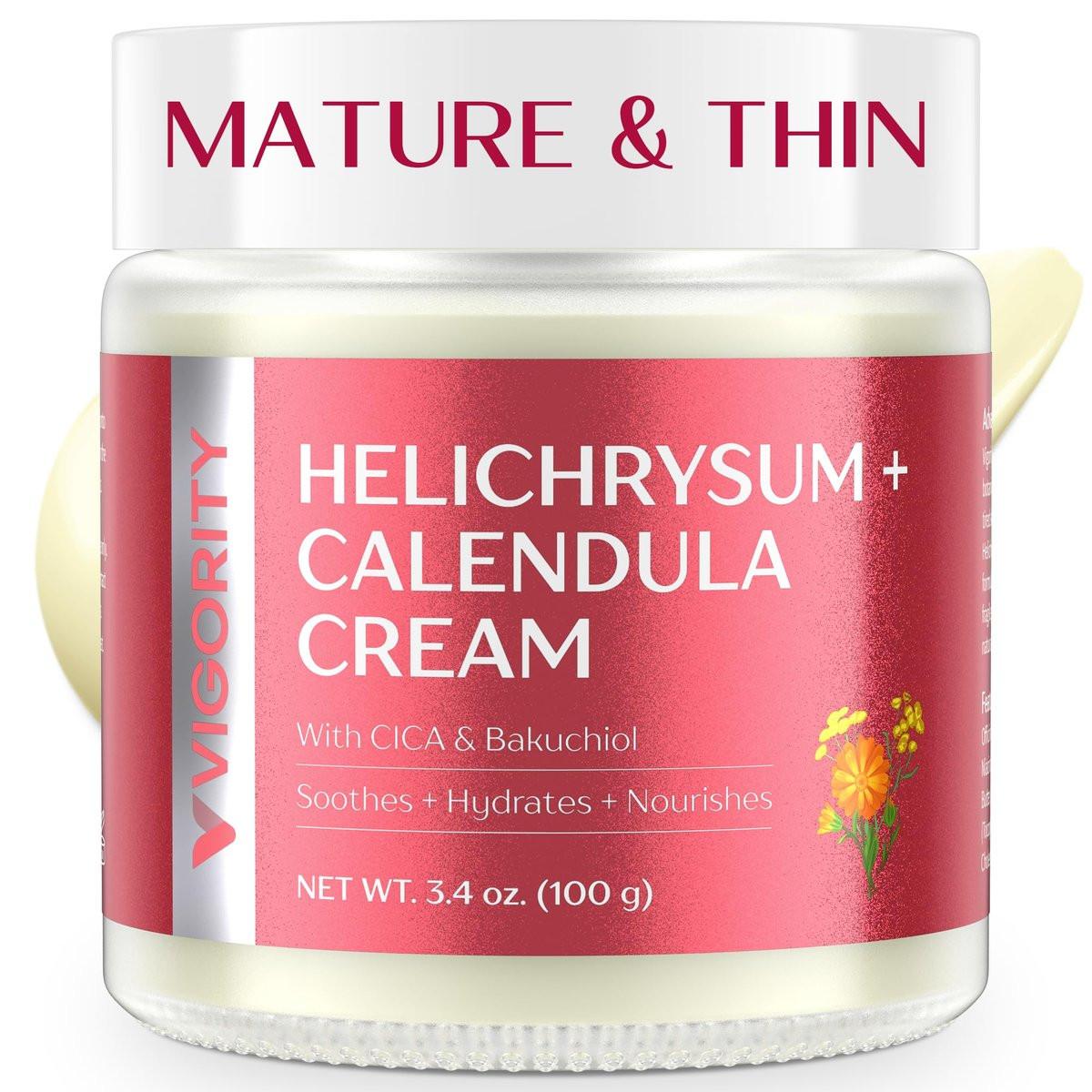 Vigority Calendula Creme: Beruhigende Pflege für reife, dünne & empfindliche Haut mit Helichrysum, Bakuchiol & CICA – Feuchtigkeitsspendend, nährend & stärkend für die Hautbarriere – Nicht fettend, duftstofffrei, 100 ml