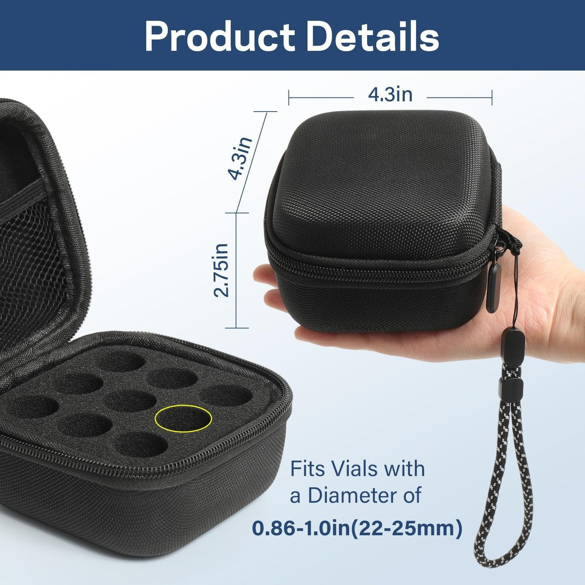 Ehpiern 9-Fach Peptid-Aufbewahrungsbox, Insulinflaschen-Schutzbehälter für den Kühlschrank, Organizer für Diabetiker, passend für 10-ml-U-100-Insulinflaschen, Aufbewahrungstasche mit Handgelenksriemen (Schwarz)