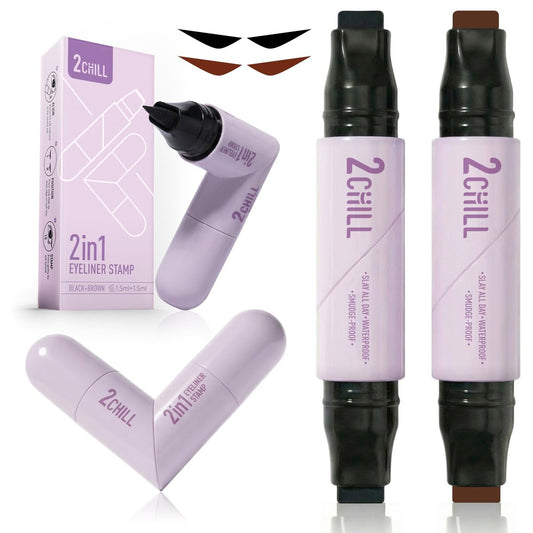 2CHILL 2er-Pack Rotierender Eyeliner-Stempelstift, Doppelendiger Winged Eyeliner-Stempel, Katzenaugen-Werkzeug, wasserfest & wischfest, langanhaltendes Make-up, matter Finish, flüssiger Eyeliner für Anfänger, Schwarz & Braun
