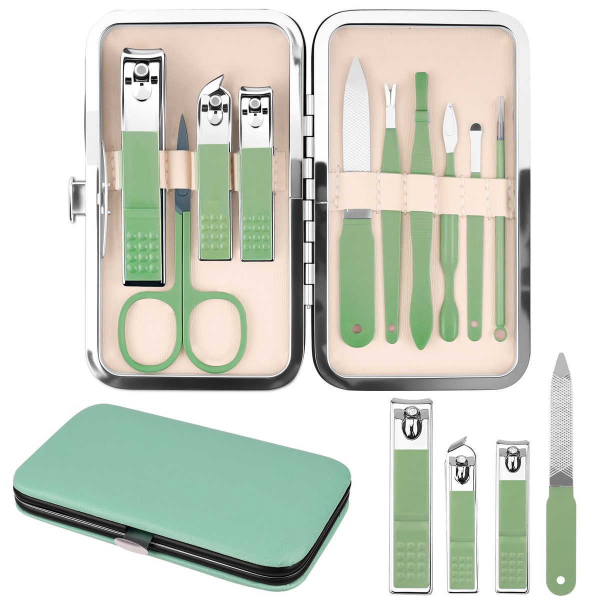 Maniküre-Set Geschenk für Frauen Männer, 10-in-1 Nagelknipser-Set für Finger- und Zehennägel, Nagelpflege-Werkzeuge mit Reiseetui, Matcha-Grün