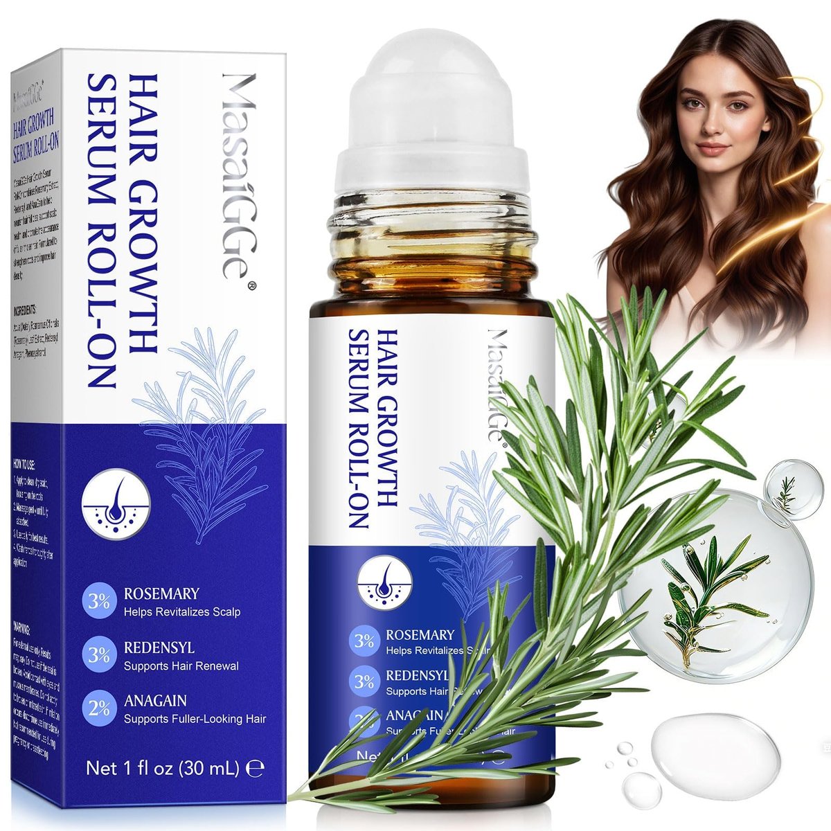 Haarwuchs Serum Roll-On – mit 3% Rosmarin, 3% Redensyl, 2% Anagain – 30 ml – Fördert die Nährstoffversorgung der Haarfollikel und unterstützt die Kopfhautgesundheit