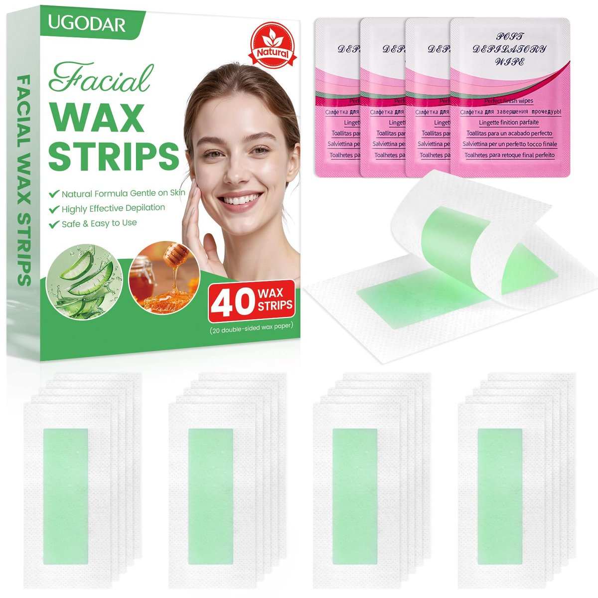 UGODAR 40er Pack Gesichts-Wachsstreifen für Frauen, hypoallergene natürliche Gesichtswachsstreifen, sanfte Gesichtshaarentfernung mit 4 beruhigenden Öltüchern, Augenbrauen-Wachsstreifen für alle Hauttypen