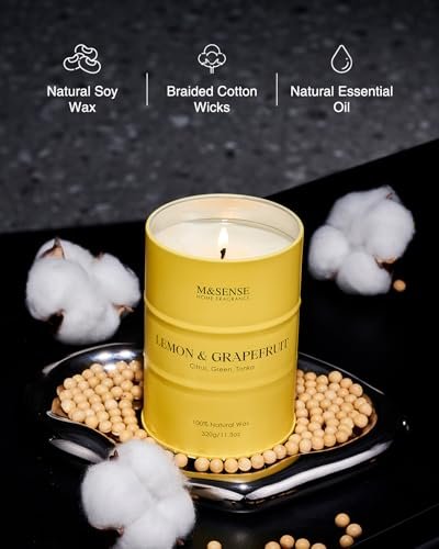 M&SENSE Zitronenkerze, Grapefruit-Duft, Sojakerze 11,3 oz, 70 Stunden Brenndauer, Limoncello Duftkerze für Bad, frisch duftende Kerze