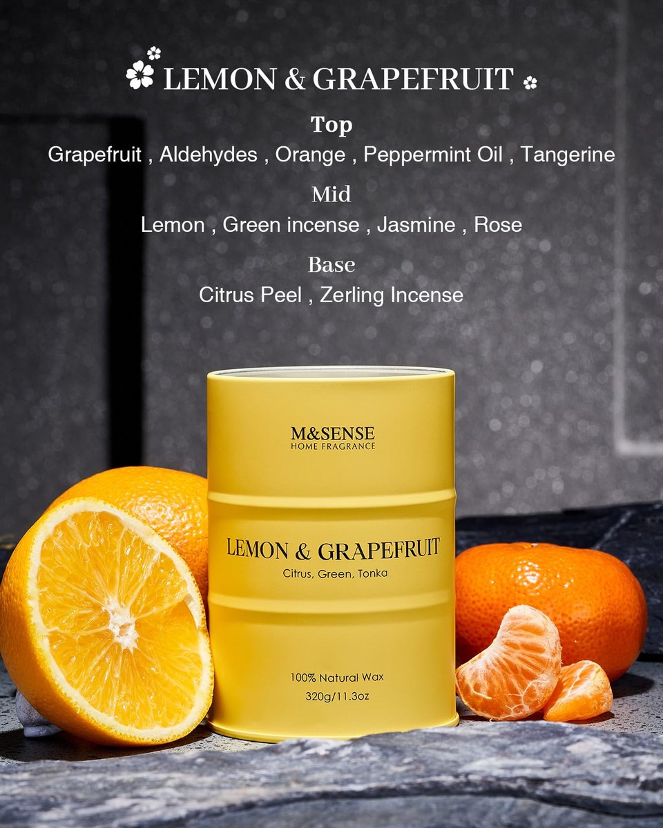 M&SENSE Zitronenkerze, Grapefruit-Duft, Sojakerze 11,3 oz, 70 Stunden Brenndauer, Limoncello Duftkerze für Bad, frisch duftende Kerze