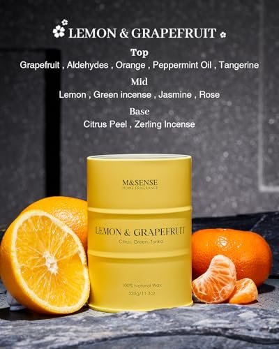 M&SENSE Zitronenkerze, Grapefruit-Duft, Sojakerze 11,3 oz, 70 Stunden Brenndauer, Limoncello Duftkerze für Bad, frisch duftende Kerze