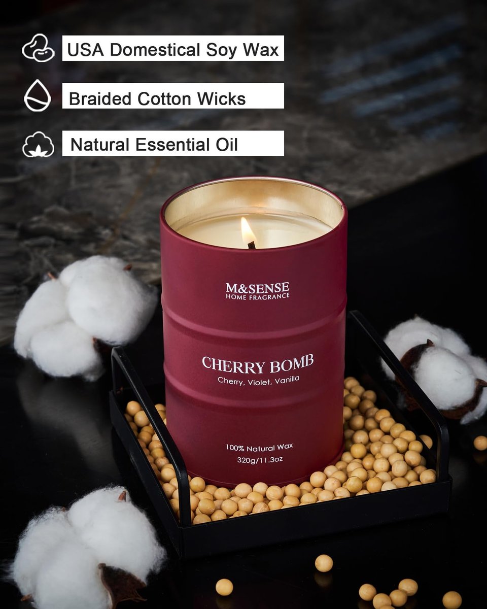 M&SENSE Cherry Bomb Duftkerze – Süße Kirschblüte, Sojawachs, 320 g, 70 Stunden Brenndauer