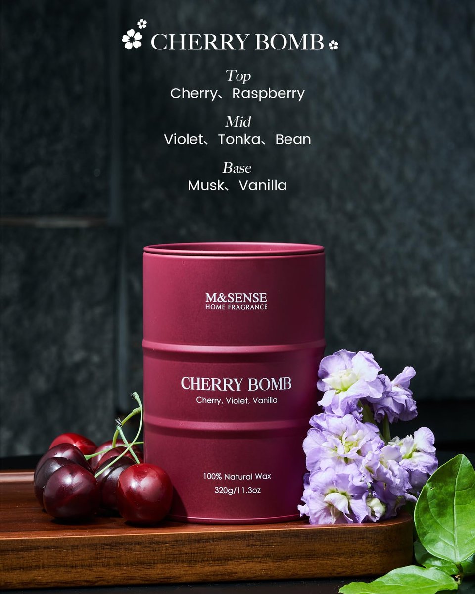 M&SENSE Cherry Bomb Duftkerze – Süße Kirschblüte, Sojawachs, 320 g, 70 Stunden Brenndauer