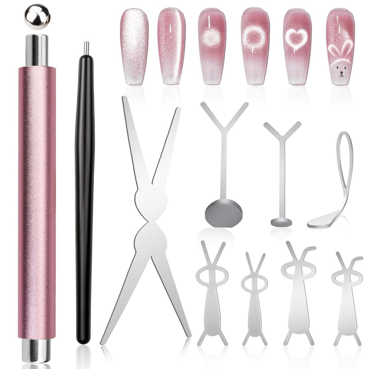 FOWSRHRG 3-in-1 Katzenaugen-Nagelmagnet-Set – Doppelkopf-Magnetstab mit Stahlkugeln und Führungen, multifunktionales Katzenaugen-Gel-Nagellack-Magnetwerkzeug für Nagelkunst, DIY-Salon-Maniküre-Design