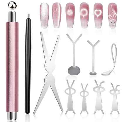 FOWSRHRG 3-in-1 Katzenaugen-Nagelmagnet-Set – Doppelkopf-Magnetstab mit Stahlkugeln und Führungen, multifunktionales Katzenaugen-Gel-Nagellack-Magnetwerkzeug für Nagelkunst, DIY-Salon-Maniküre-Design