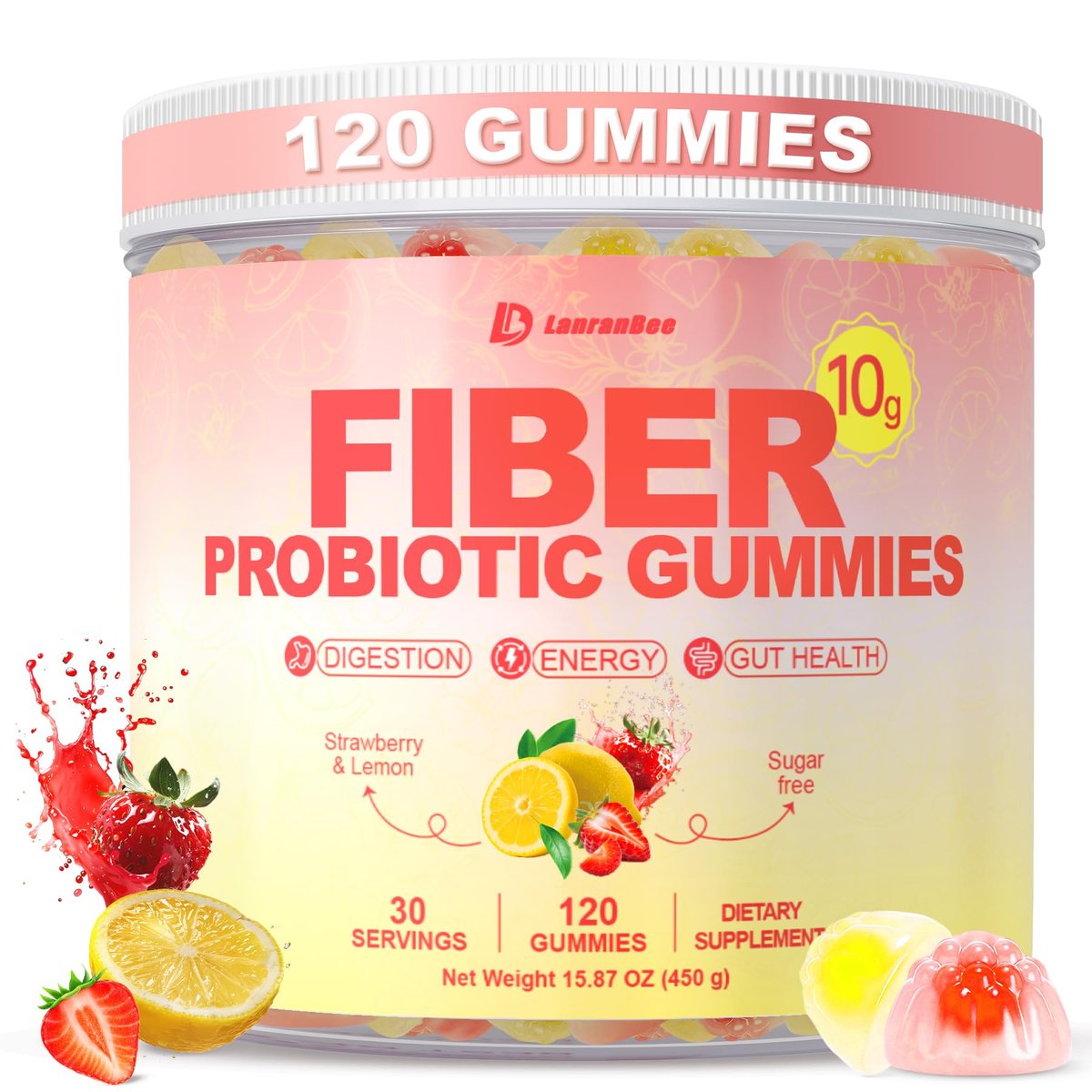 10g Ballaststoff-Gummis für Erwachsene mit Probiotika, Zuckerfreie Ballaststoffergänzung mit Organischen Super Greens & Verdauungsenzymen, Unterstützt Darmgesundheit, Energie & Regelmäßigkeit, Vegan, 120 Stück