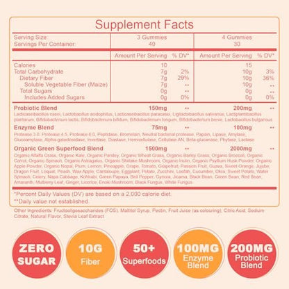 10g Ballaststoff-Gummis für Erwachsene mit Probiotika, Zuckerfreie Ballaststoffergänzung mit Organischen Super Greens & Verdauungsenzymen, Unterstützt Darmgesundheit, Energie & Regelmäßigkeit, Vegan, 120 Stück