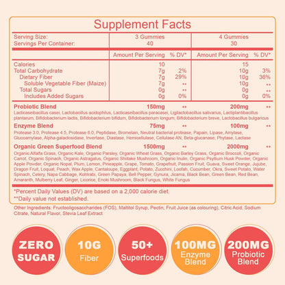 10g Ballaststoff-Gummis für Erwachsene mit Probiotika, Zuckerfreie Ballaststoffergänzung mit Organischen Super Greens & Verdauungsenzymen, Unterstützt Darmgesundheit, Energie & Regelmäßigkeit, Vegan, 120 Stück