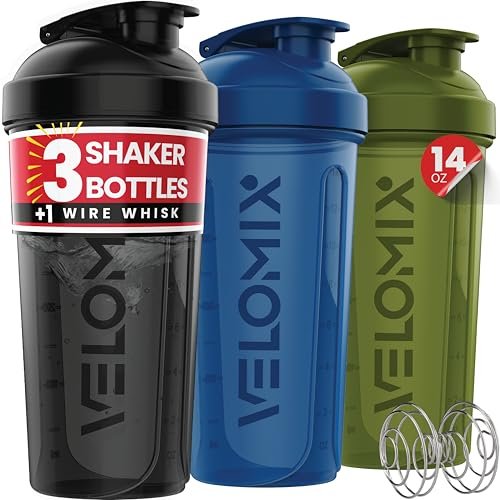 VELOMIX -3er Pack- 400 ml Protein Shaker Flasche für Proteinmixe - 1x Schneebesen | Auslaufsicherer Shaker Becher für Proteinshakes | Stapelbare Protein Shaker Flasche im Pack | Spülmaschinenfest