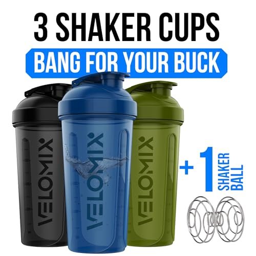 VELOMIX -3er Pack- 400 ml Protein Shaker Flasche für Proteinmixe - 1x Schneebesen | Auslaufsicherer Shaker Becher für Proteinshakes | Stapelbare Protein Shaker Flasche im Pack | Spülmaschinenfest