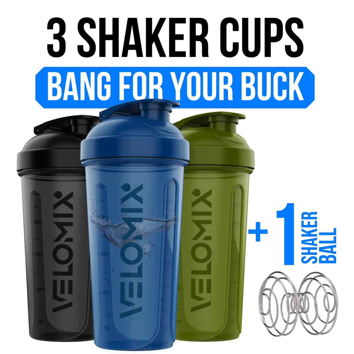VELOMIX -3er Pack- 400 ml Protein Shaker Flasche für Proteinmixe - 1x Schneebesen | Auslaufsicherer Shaker Becher für Proteinshakes | Stapelbare Protein Shaker Flasche im Pack | Spülmaschinenfest