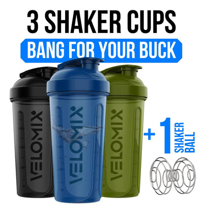 VELOMIX -3er Pack- 400 ml Protein Shaker Flasche für Proteinmixe - 1x Schneebesen | Auslaufsicherer Shaker Becher für Proteinshakes | Stapelbare Protein Shaker Flasche im Pack | Spülmaschinenfest