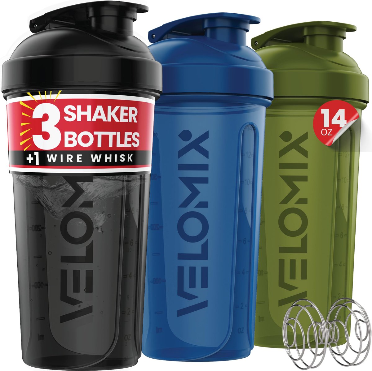 VELOMIX -3er Pack- 400 ml Protein Shaker Flasche für Proteinmixe - 1x Schneebesen | Auslaufsicherer Shaker Becher für Proteinshakes | Stapelbare Protein Shaker Flasche im Pack | Spülmaschinenfest