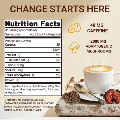 Bio Pilzkaffee Instant mit 6 Pilzen – Löwenmähne, Cordyceps, Truthahnschwanz & mehr für Energie, Fokus, Verdauung, Immunität, 35 Portionen