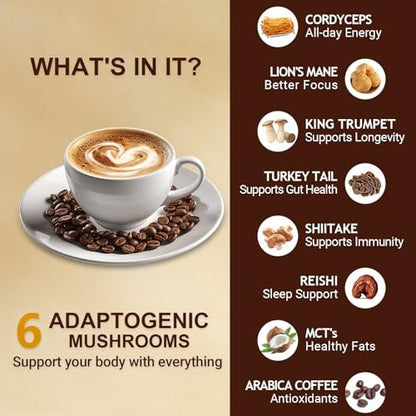 Bio Pilzkaffee Instant mit 6 Pilzen – Löwenmähne, Cordyceps, Truthahnschwanz & mehr für Energie, Fokus, Verdauung, Immunität, 35 Portionen